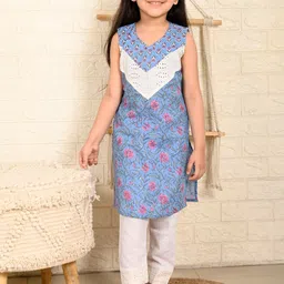 Kinder Kids Girls Floral Printed Patchwork Pure Cotton Kurta with Trousers-image-57