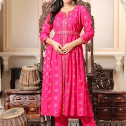 SIDDHANAM Floral Embroidered Flared Round Neck Anarkali Kurta With Trouser-20