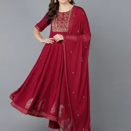 KALINI Yoke Design Round Neck Empire Kurta & Trousers With Dupatta-image-13