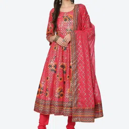 Biba Women Fuchsia Floral Printed Panelled Kurta with Churidar & With Dupatta-picture-15