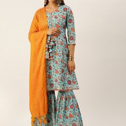 MALHAAR Floral Printed Pure Cotton Kurta with Sharara & With Dupatta-image-4