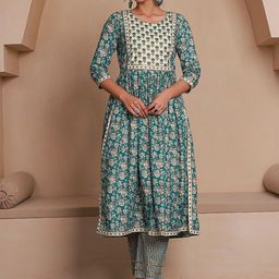 GULAB CHAND TRENDS Floral Printed Round Neck Three-Quarter Sleeves Pure Cotton Kurta Set-image-41