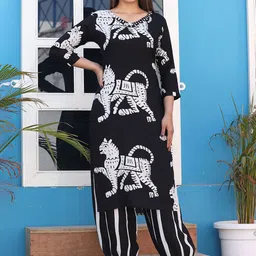 KALINI Ethnic Motifs Printed V-Neck Three-Quarter Sleeves Aari Work Kurta with Salwar-picture-58
