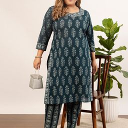 indo street Plus Size Floral Printed Gotta Patti Pure Cotton Kurta with Trousers-picture-22