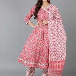 AHIKA Ethnic Motifs Printed V Neck Angrakha Pure Cotton Kurta With Trousers & Dupatta-image-40