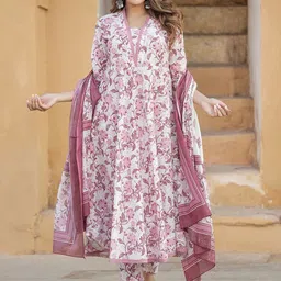 KALINI Floral Printed Regular Thread Work Pure Cotton Kurta with Trousers & Dupatta-3