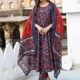 KALINI Floral Printed Anarkali Pure Cotton Kurta with Trousers & Dupatta-picture-27
