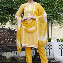 Anushansa Geometric Printed Mirror Work Round Neck Straight Kurta With Trousers & Dupatta-image-26