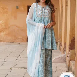 KALINI Ethnic Motifs Printed Thread Work A-Line Kurta With Sharara & Dupatta-29