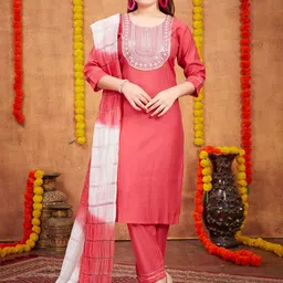 BAESD Girls Geometric Yoke Design Sequinned Pure Silk Straight Kurta Trousers & Dupatta-picture-0