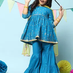 Biba Girls Ethnic Motifs Printed Gotta Patti Detailed Empire Kurta & Sharara with Dupatta-image-72