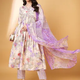 all about you Floral Embroidered V-Neck Straight Kurta With Trousers & Dupatta-11