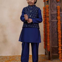pspeaches Boys Mandarin Collar Straight Kurta & Pyjamas With Nehru jacket-22