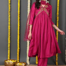 KALINI Women Embroidered Empire Thread Work Kurta with Trousers & With Dupatta-1