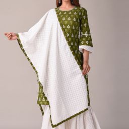 KANNAHI Women Ethnic Motifs Printed Pure Cotton Straight Kurta with Sharara & Dupatta-image-16