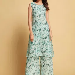 Sangria Green Floral Printed Sleeveless Straight Linen Kurta & Palazzo-12