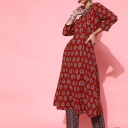 indo street V-Neck A-Line Floral Printed Gotta Patti Pure Cotton Kurta with Trousers-picture-53