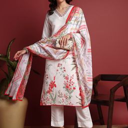 AHIKA Floral Printed V-Neck Three-Quarter Sleeves Straight Kurta with Trousers & Dupatta-picture-3