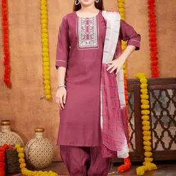 BAESD Girls Floral Yoke Design Thread Work Pure Silk Straight Kurta With Patiala & Dupatta-picture-48