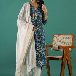 Sangria Bandhani Printed & Embroidered Pure Cotton Straight Kurta With Trouser & Dupatta-14
