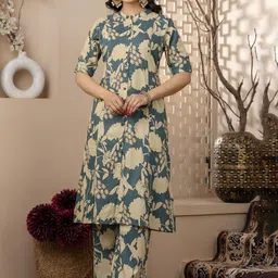 MF Hayat Floral Printed Pure Cotton Band Collar A-Line Kurta With Trousers-picture-47
