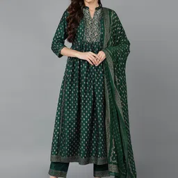 AHIKA Ethnic Motifs Printed Empire Kurta with Trousers & Dupatta-12