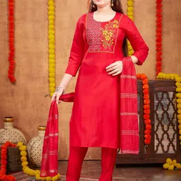 Aarika Girls Floral Yoke Design Sequinned Pure Silk Kurta With Trousers & Dupatta-image-14