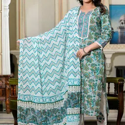 D K W Floral Printed Regular Pure Cotton Kurta With Trousers & Dupatta-image-64