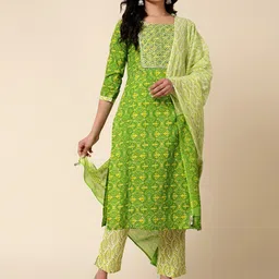 Bani Women Printed Thread Work Pure Cotton Block Print Kurta With Trousers & Dupatta-1