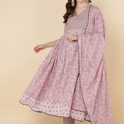 MALHAAR Printed V Neck Sequinned Pure Cotton Anarkali Kurta With Trousers & Dupatta-image-50