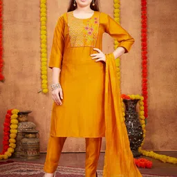 BAESD Girls Yoke Design Regular Pure Silk Straight Kurta with Trousers & Dupatta-image-48