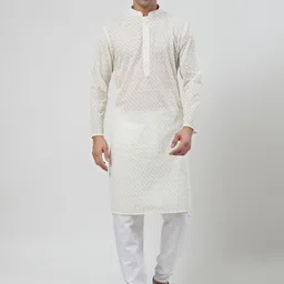 MOHANLAL SONS Embroidered Mandarin Collar Chikankari Pure Cotton Straight Kurta & Churidar-picture-49