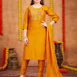Aarika Girls Ethnic Motifs Yoke Design Pure Silk Straight Kurta & Trouser With Dupatta-image-13