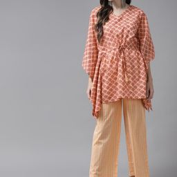 Amirah s Women Peach-Coloured Ethnic Motifs Printed  Pure Cotton Kurta with Trousers-29