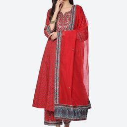 Biba Women Coral Ethnic Motifs Printed Kurta with Palazzos & With Dupatta-picture-31