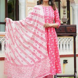 KALINI Women Floral Printed Regular Pure Cotton Kurta with Trousers & With Dupatta-image-60