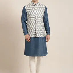 TheEthnic.Co Mandarin Collar Regular Linen Kurta & Pyjamas With Printed Nehru Jacket-15