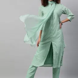indo street Checked Zari Thread Work Front Slit Pure Cotton Kurta with Trousers & Dupatta-7