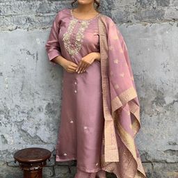KALINI Ethnic Motifs Round Neck Three-Quarter Sleeves Chanderi Cotton Kurta Set-picture-26