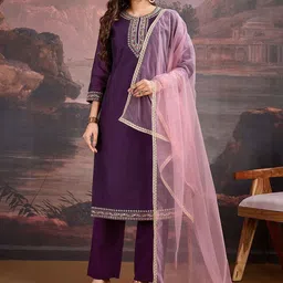 House of Pataudi Ethnic Motifs Yoke Design Sequinned Straight Kurta & Trouser With Dupatta-0