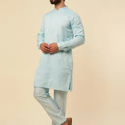 Krishna Mehta Self Design Mandarin Collar Thread Work Kurta With Trousers-picture-6