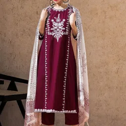 STYLEBAAZI Floral Embroidered Mirror Work Pure Cotton Kurta With Trousers And Dupatta-39