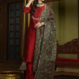 Sangria Ethnic Motif Embroidered Straight Zari Kurta & Trouser With Dupatta-35