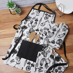 Soumya Unisex Black Set of 5 Pure Cotton Apron With Oven Glove And Pot Holder-12