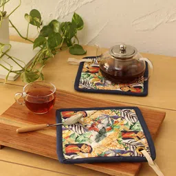 House This Navy Blue & Yellow 2 Pieces Printed Cotton Pot Holder-2
