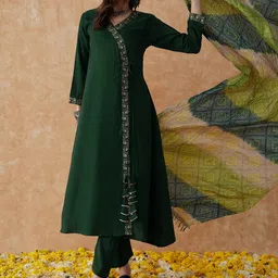 Sangria V Neck Long Sleeves Sequined Embroidered Angrakha Kurta with Trousers & Dupatta-48