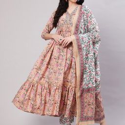 GLAM ROOTS Floral Printed Pure Cotton Tiered Kurta with Trousers & Dupatta-51