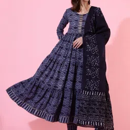 GLAM ROOTS Ethnic Motifs Printed Tiered Anarkali Kurta with Pyjamas & With Dupatta-image-74