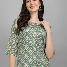 HERE&NOW Women Green Printed Kurta with Trousers-image-51