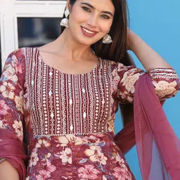 SINGNI Round Neck Ethnic Sequined Anarkali Kurta with Trouser & Dupatta image 2